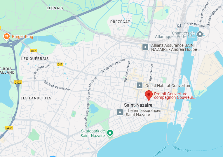 Carte localisant Protoit44 Saint-Nazaire et son périmètre d'intervention de couvreur